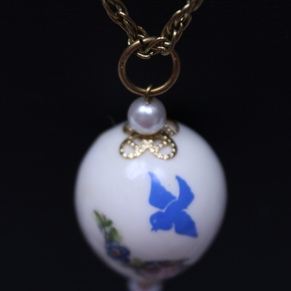 Vintage Handmade Quail Egg Pendant Necklace Birds Flowers Tassel Gold Tone 24" - Picture 4 of 8